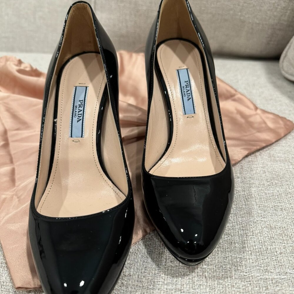 New - Prada Black Patent Platform tall heel pump - Size 34.5